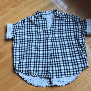 Madewell small plaid blouse, contrasting sleeve dots, back buttons and high low